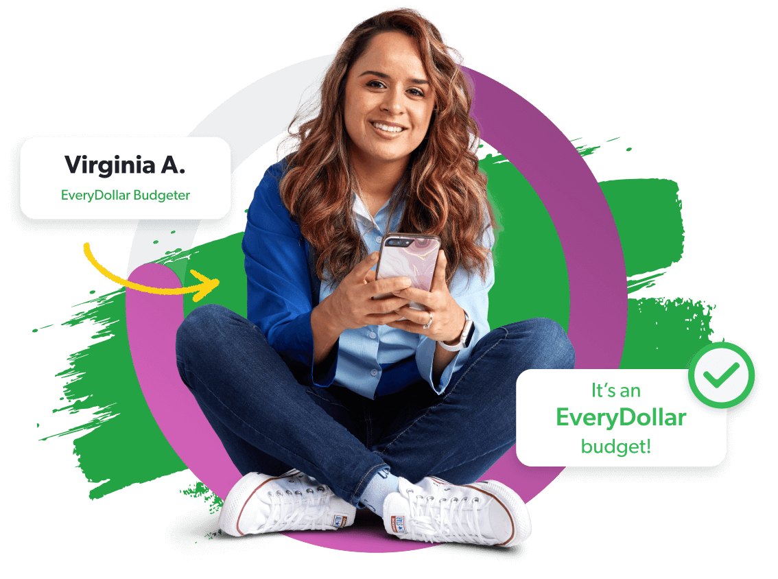 Smiling man with a phone in his hand with EveryDollar app UI floating around him